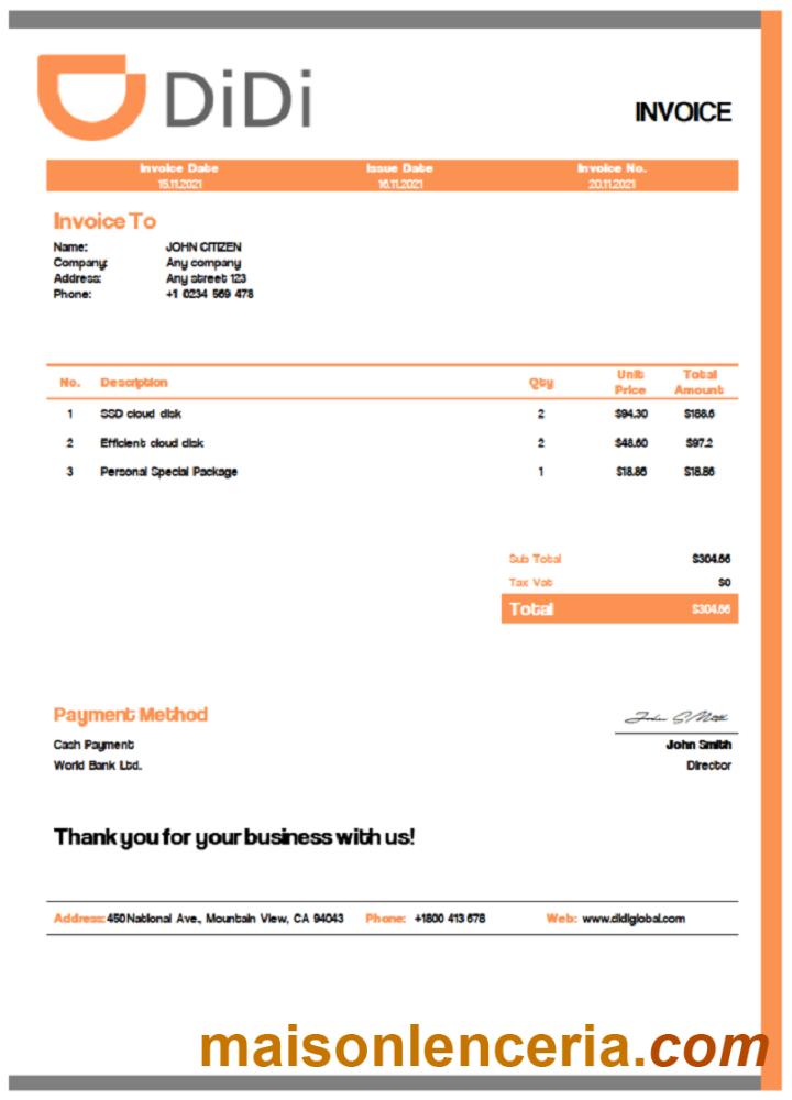 USA Didi Chuxing faktura słowo i PDF szablon